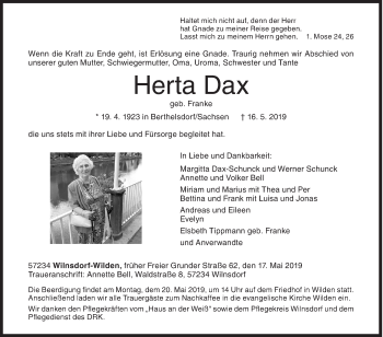 Traueranzeige von Herta Dax von Siegener Zeitung