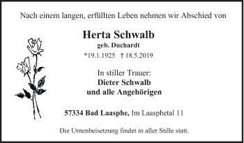 Traueranzeige von Herta Schwalb von Siegener Zeitung