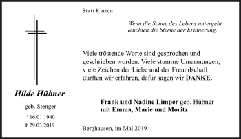 Traueranzeige von Hilde Hübner von Siegener Zeitung