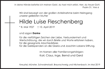 Traueranzeige von Hilde Luise Fleschenberg von Siegener Zeitung