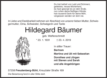 Traueranzeige von Hildegard Bäumer von Siegener Zeitung