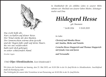 Traueranzeige von Hildegard Hesse von Siegener Zeitung