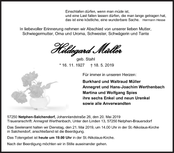 Traueranzeige von Hildegard Müller von Siegener Zeitung