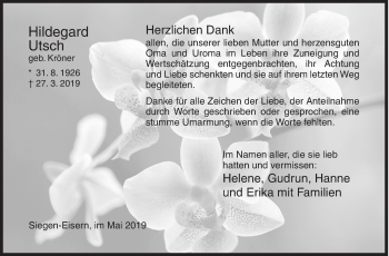 Traueranzeige von Hildegard Utsch von Siegener Zeitung