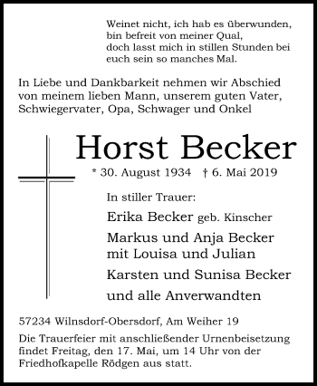 Traueranzeige von Horst Becker von Siegener Zeitung