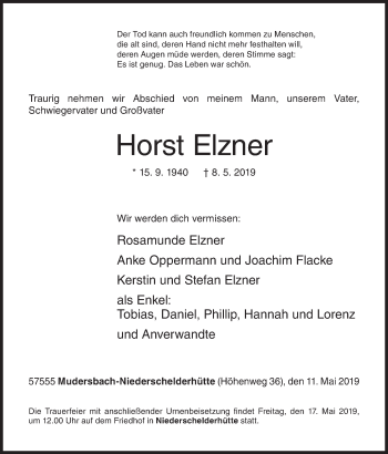 Traueranzeige von Horst Elzner von Siegener Zeitung