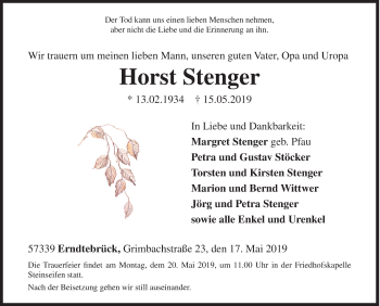 Traueranzeige von Horst Stenger von Siegener Zeitung