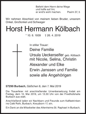 Traueranzeige von Horst Hermann Kölbach von Siegener Zeitung