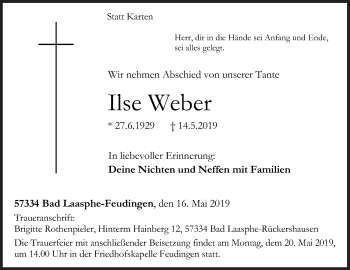 Traueranzeige von Ilse Weber von Siegener Zeitung