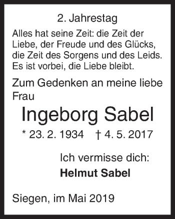 Traueranzeige von Ingeborg Sabel von Siegener Zeitung