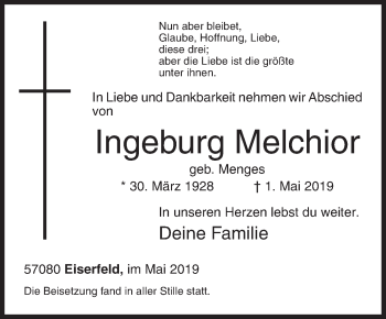 Traueranzeige von Ingeburg Melchior von Siegener Zeitung