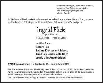 Traueranzeige von Ingrid Flick von Siegener Zeitung