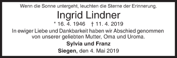 Traueranzeige von Ingrid Lindner von Siegener Zeitung
