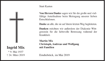 Traueranzeige von Ingrid Mix von Siegener Zeitung