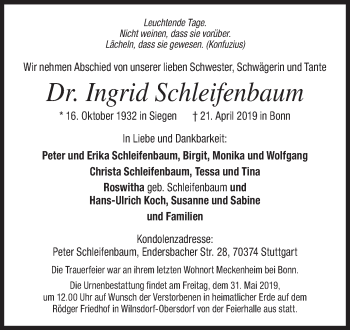 Traueranzeige von Ingrid Schleifenbaum von Siegener Zeitung