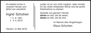 Traueranzeige von Ingrid Schuhen von Siegener Zeitung