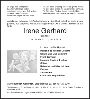 Traueranzeige von Irene Gerhard von Siegener Zeitung