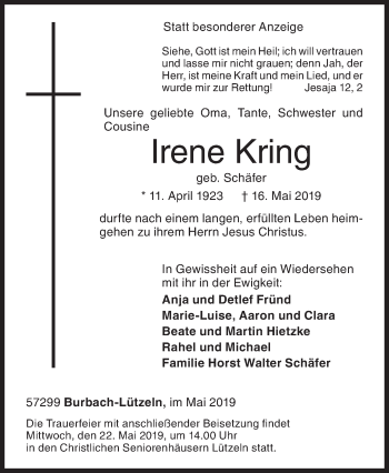 Traueranzeige von Irene Kring von Siegener Zeitung