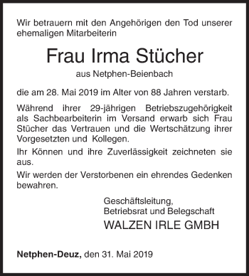 Traueranzeige von Irma Stücher von Siegener Zeitung