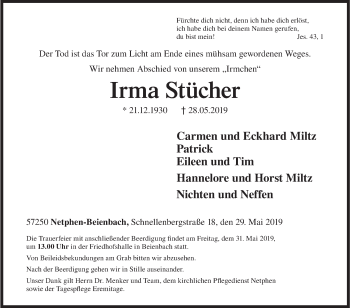 Traueranzeige von Irma Stücher von Siegener Zeitung