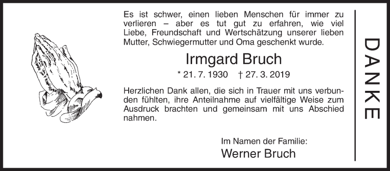  Traueranzeige für Irmgard Bruch vom 18.05.2019 aus Siegener Zeitung