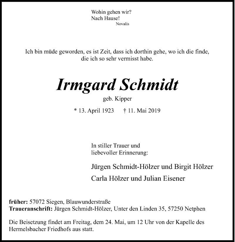  Traueranzeige für Irmgard Schmidt vom 21.05.2019 aus Siegener Zeitung