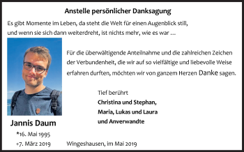 Traueranzeige von Jannis Daum von Siegener Zeitung