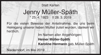 Traueranzeige von Jenny Müller-Späth von Siegener Zeitung