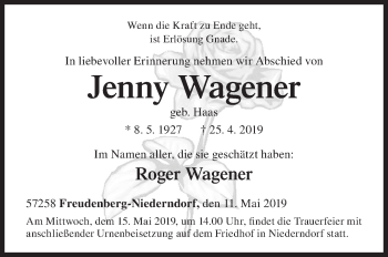 Traueranzeige von Jenny Wagener von Siegener Zeitung