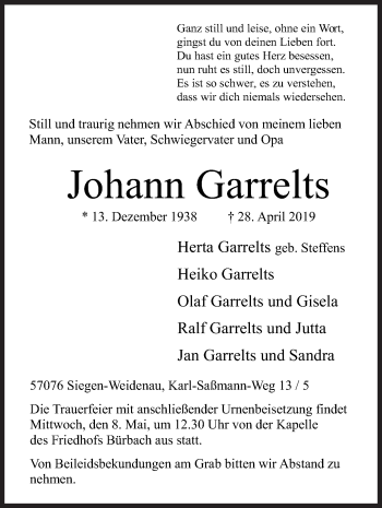 Traueranzeige von Johann Garrelts von Siegener Zeitung