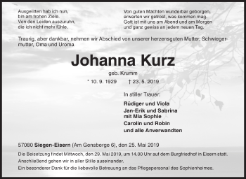 Traueranzeige von Johanna Kurz von Siegener Zeitung