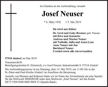 Traueranzeige von Josef Neuser von Siegener Zeitung