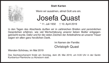 Traueranzeige von Josefa Quast von Siegener Zeitung
