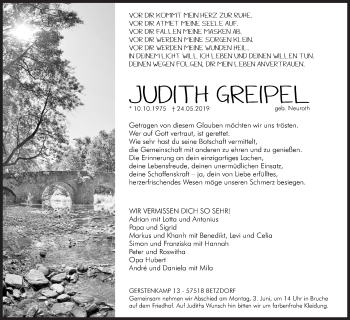 Traueranzeige von Judith Greipel von Siegener Zeitung
