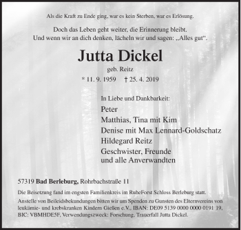 Traueranzeige von Jutta Dickel von Siegener Zeitung