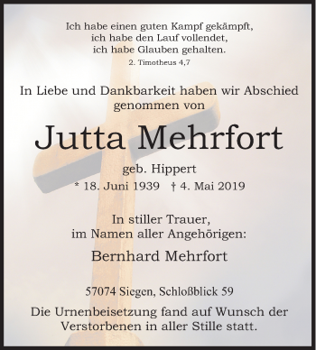 Traueranzeige von Jutta Mehrfort von Siegener Zeitung