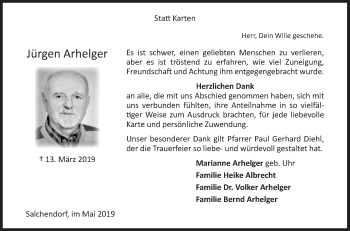 Traueranzeige von Jürgen Arhelger von Siegener Zeitung