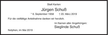 Traueranzeige von Jürgen Schuß von Siegener Zeitung