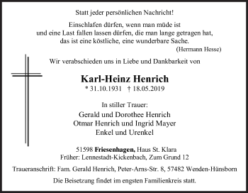 Traueranzeige von Karl-Heinz Henrich von Siegener Zeitung