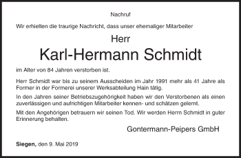 Traueranzeige von Karl-Hermann Schmidt von Siegener Zeitung