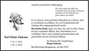 Traueranzeige von Karl Heinz Zinkann von Siegener Zeitung