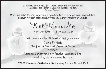 Traueranzeige von Karl Werner Nies von Siegener Zeitung