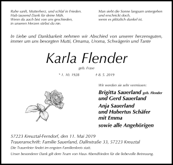 Traueranzeige von Karla Flender von Siegener Zeitung