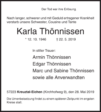 Traueranzeige von Karla Thönnissen von Siegener Zeitung