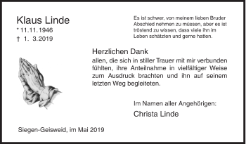 Traueranzeige von Klaus Linde von Siegener Zeitung