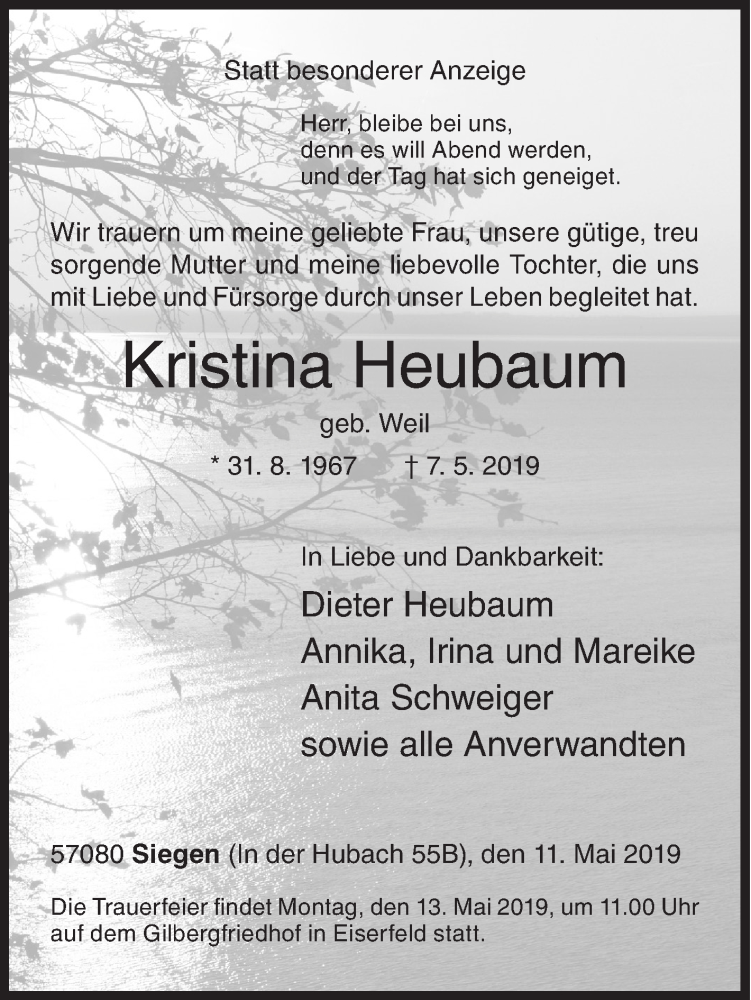  Traueranzeige für Kristina Heubaum vom 11.05.2019 aus Siegener Zeitung