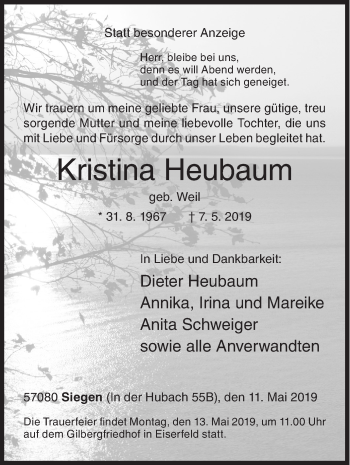 Traueranzeige von Kristina Heubaum von Siegener Zeitung