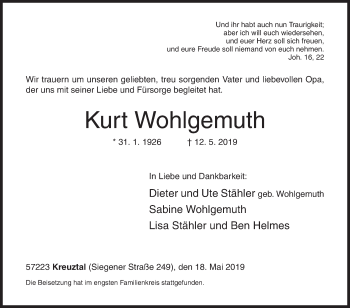 Traueranzeige von Kurt Wohlgemuth von Siegener Zeitung