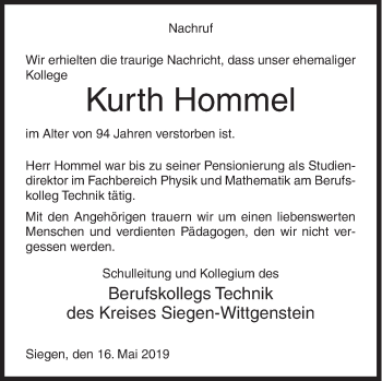 Traueranzeige von Kurth Hommel von Siegener Zeitung