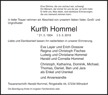 Traueranzeige von Kurth Hommel von Siegener Zeitung